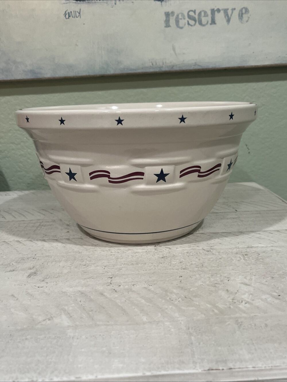 Longaberger Pottery All American Bowl Mixing Serving Large 10” Stars & Stripes